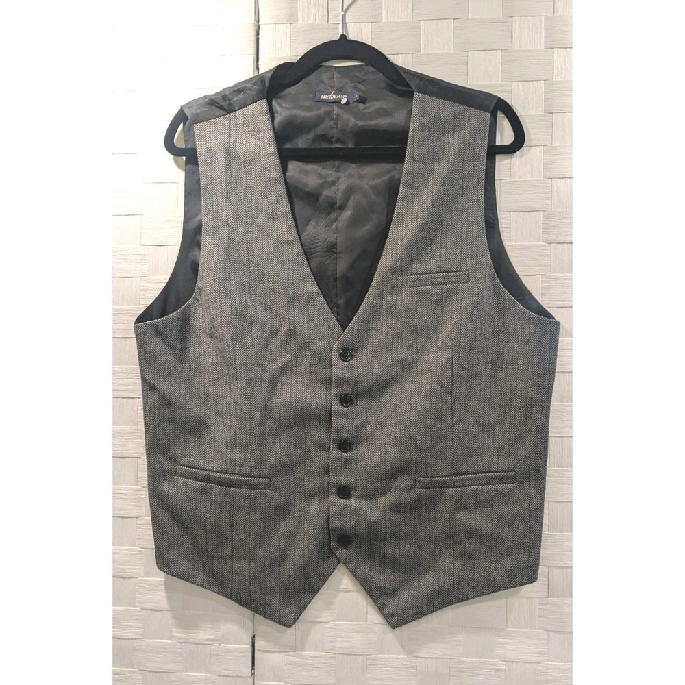 Hisdern Hand Made Mens Large Gray Herringbone Belted Formal Waistcoat Vest Tweed